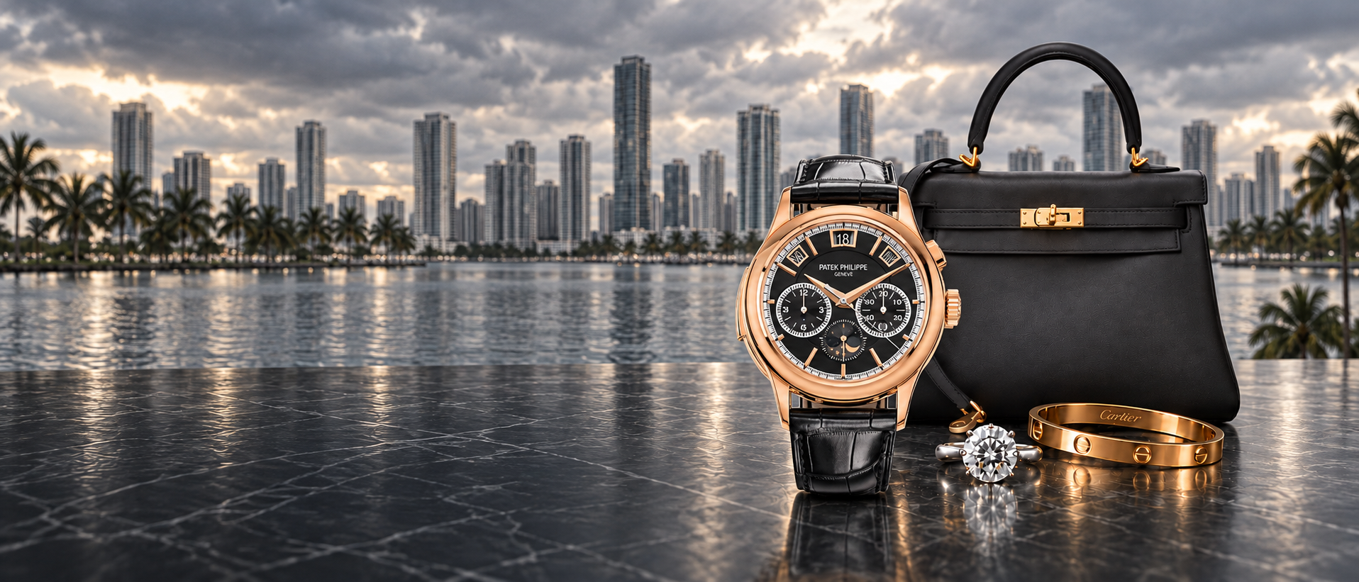 Patek Philippe watch, black Hermès Kelly bag, Cartier Love bracelet and diamond ring overlooking Miami